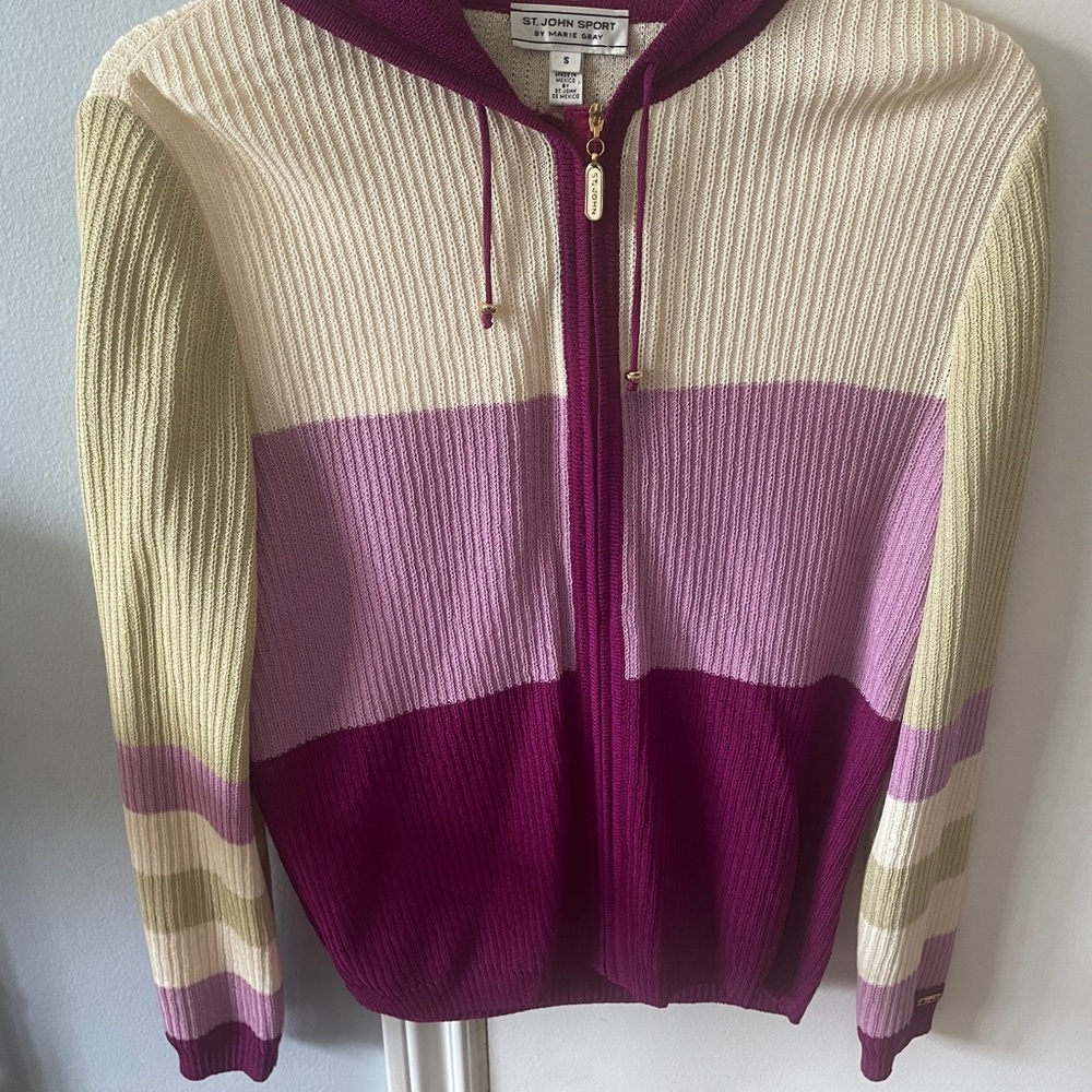 St John Sport 3 Season Knit Color Block Zip Front Hoodie Cardigan Sweater S